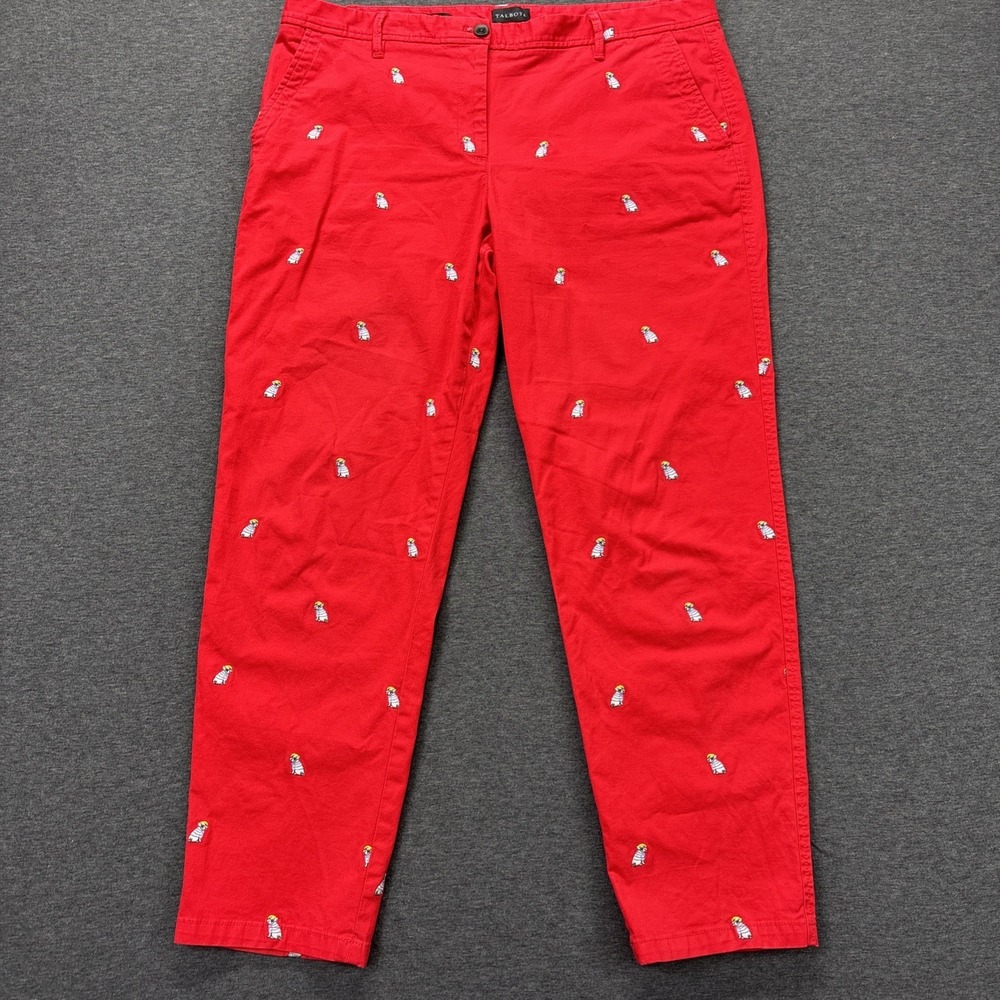TALBOTS Relaxed Chinos Pants Size 14 Red Twill Frenchie Dog Embroidered Bulldog